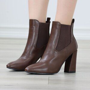 Brown Faux Leather Ankle Boots Pointed Toe High Block Heel Elastic Panels